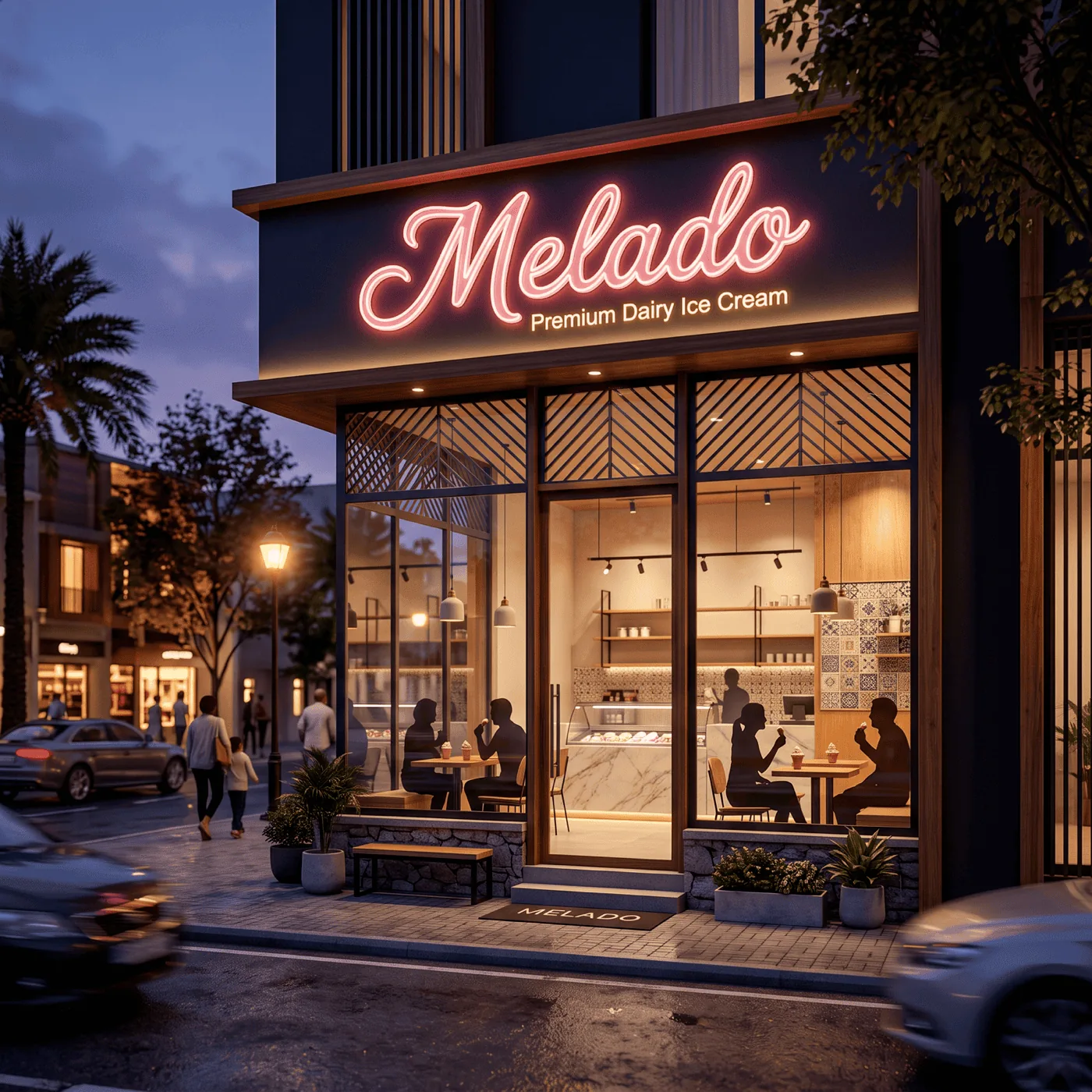 Melado franchise storefront at dusk